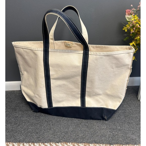 L.L. Bean Handbags - Vintage L.L. Bean Boat and Tote Canvas Bag Jumbo 80s Navy Cream Freeport Maine